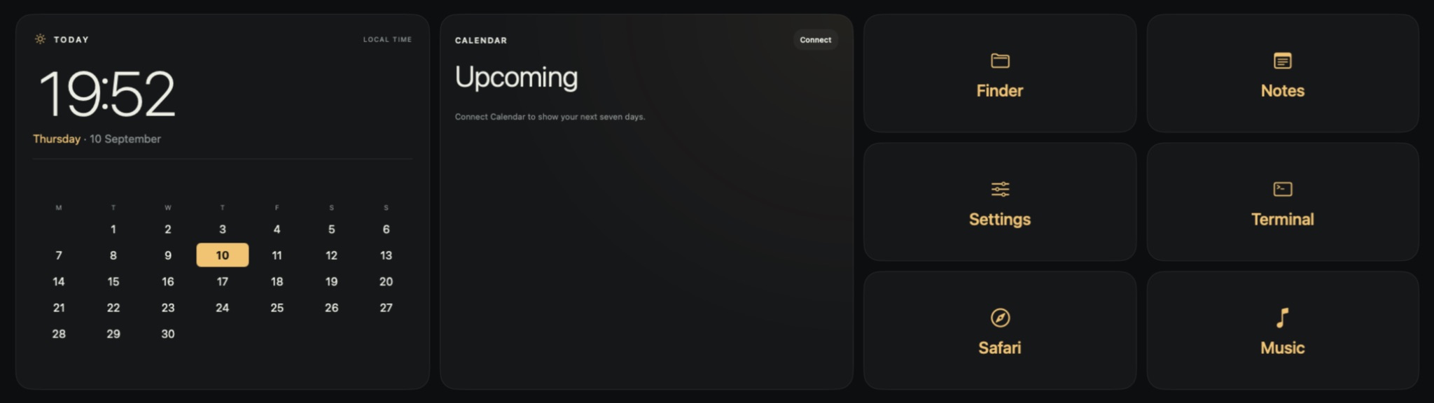 An everyday Zurface page with a clock, calendar agenda and six app launch buttons, including Finder, Notes and Terminal.