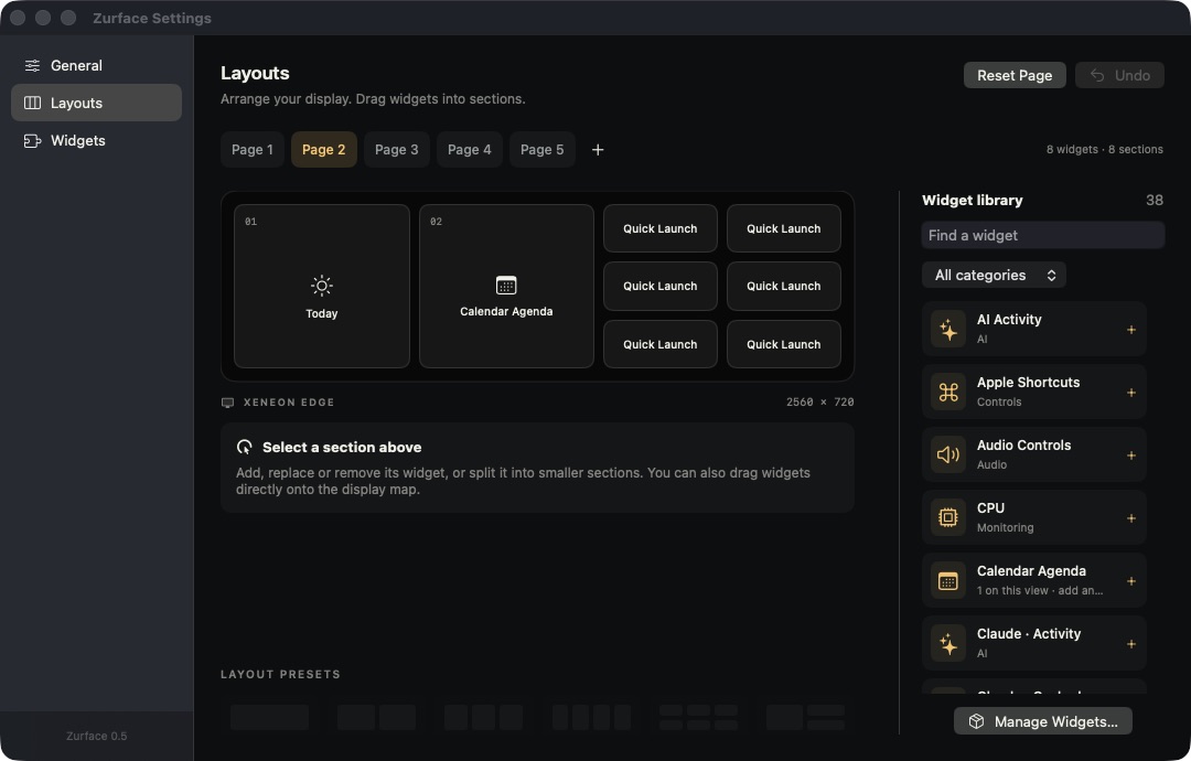 Zurface’s Mac settings window, with a drag-and-drop page layout on the left and a searchable widget library on the right.